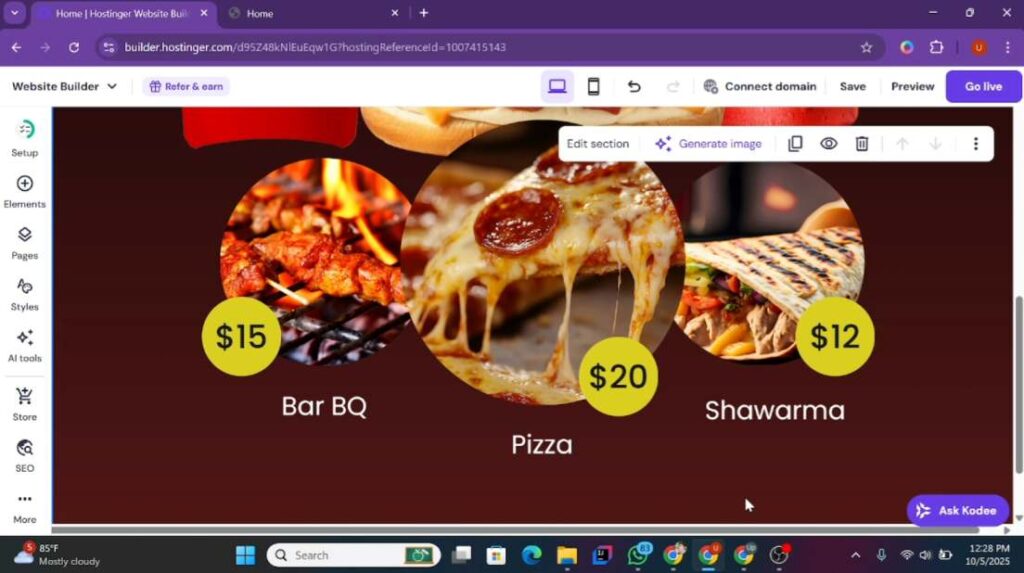 Prices and names of elements in Hostinger website builder landing page
