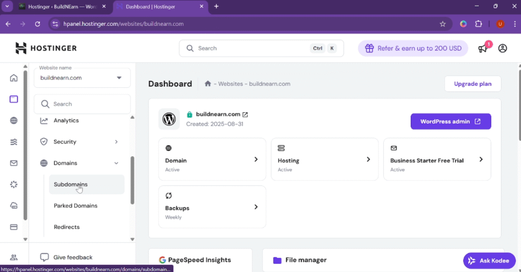 Dashboard of domain for subdomain in Hostinger