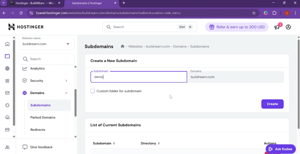 Process of subdomain creation in Hostinger