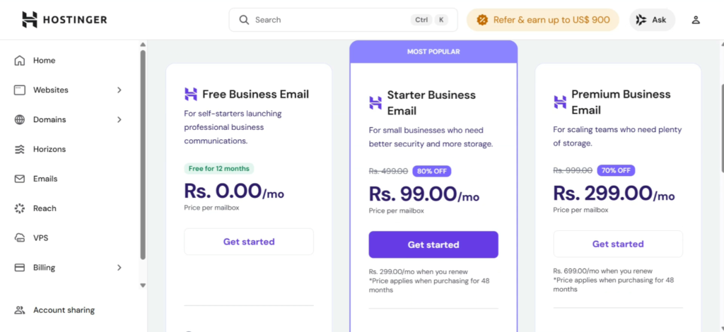 free hostinger business email page