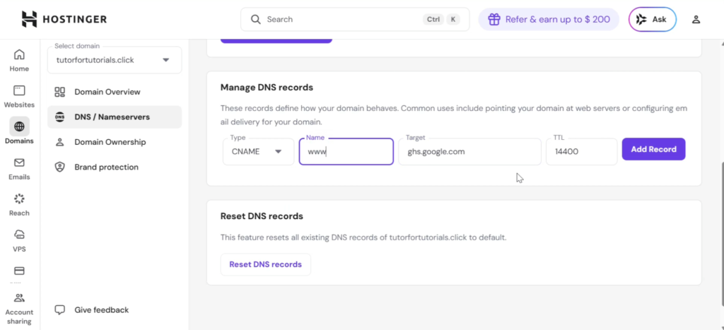 DNS records for blogger domain